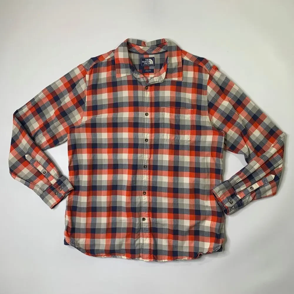 The North Face Shirt Men Large Plaid Cotton Button Up Long Sleeve Pocket Outdoor
